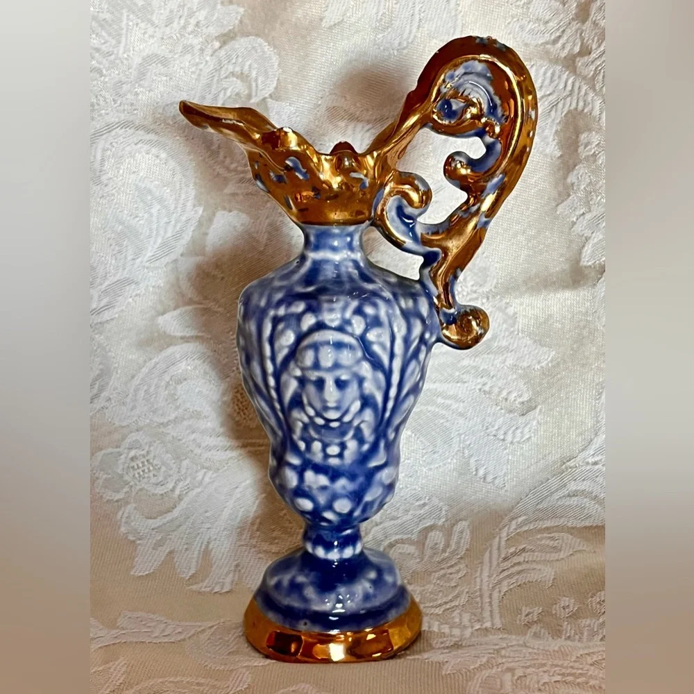 VTG Goldra E. Palestine Blue Gold Ewer Pitcher Mold 422 5.75